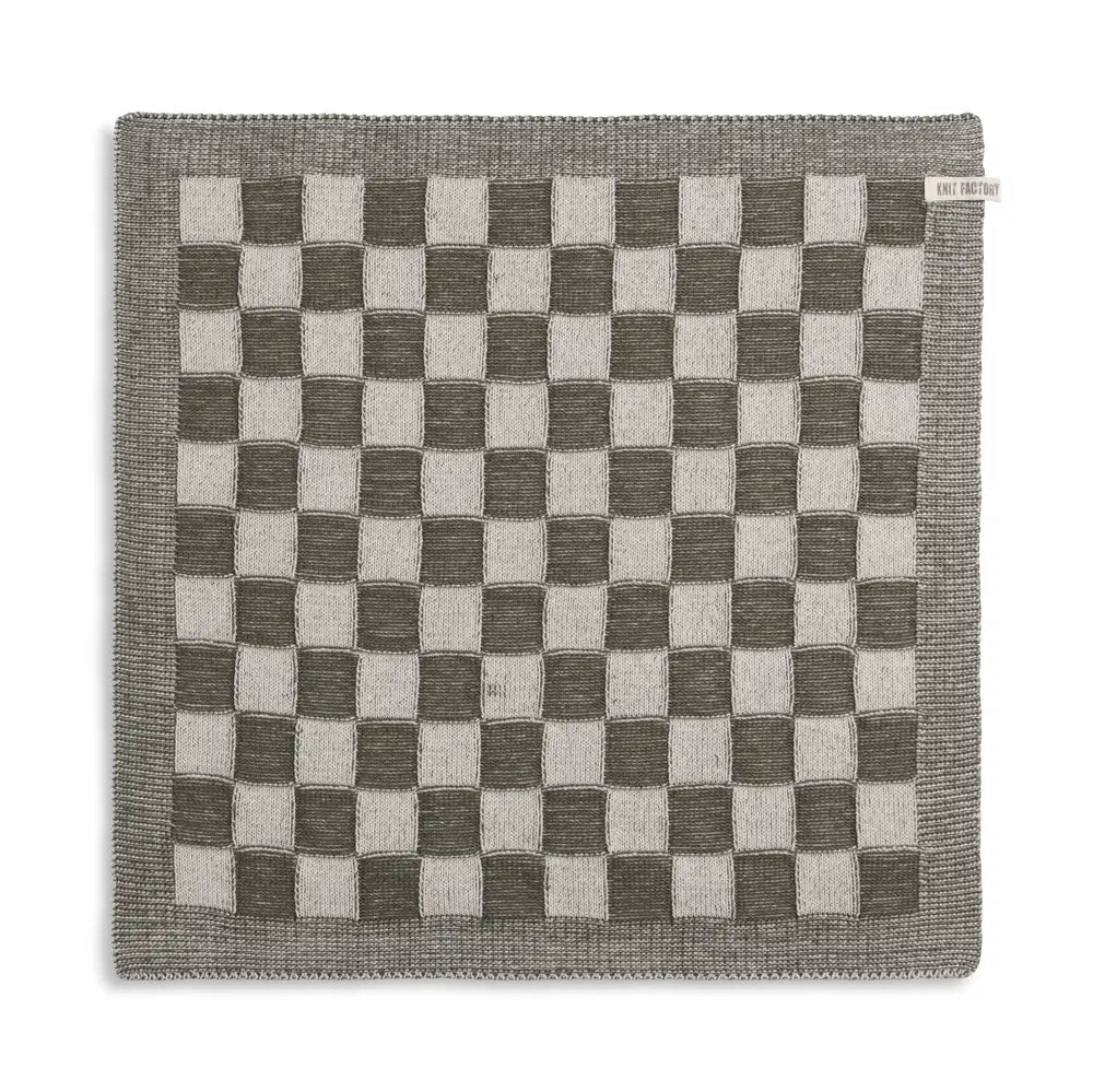Knitfacory keukenhanddoek ruit khakigroen/ecru