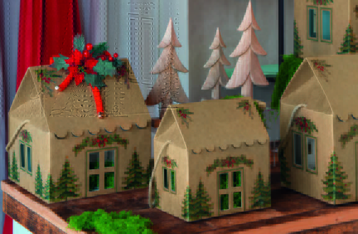 kadoverpakking kersthuis met kerstprint.